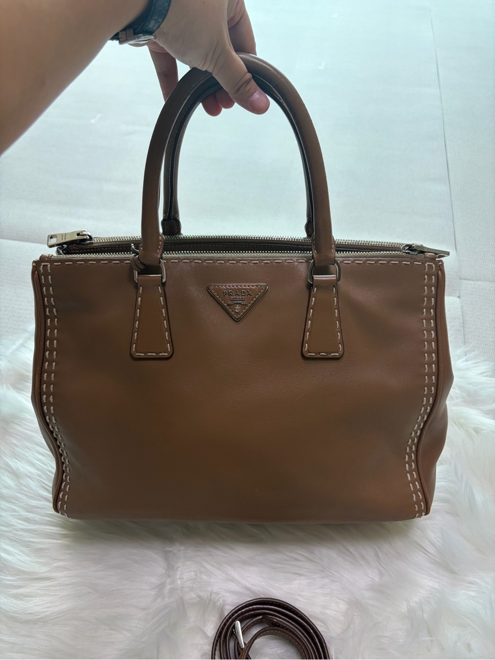 Prada Tan Leather Satchel with Stitch Detailing - Picture 5 of 16